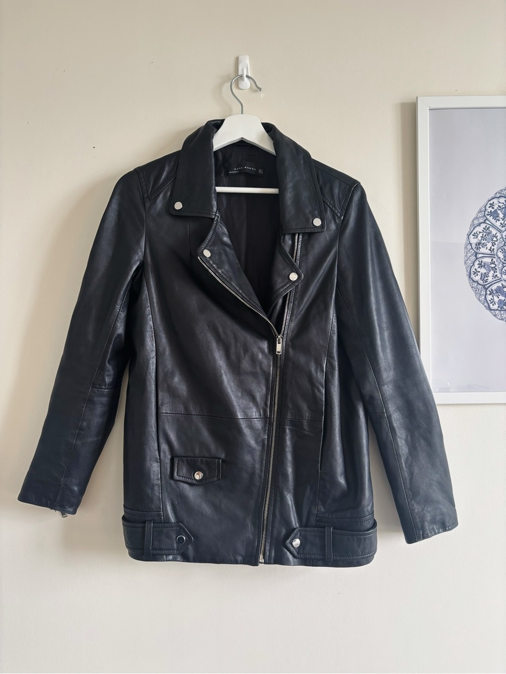 Zara Genuine Leather Moto Jacket Black Asymmetric Zip M